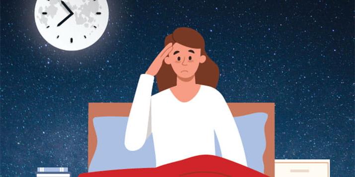 vector illustration of a woman in bed with the moon as a clock