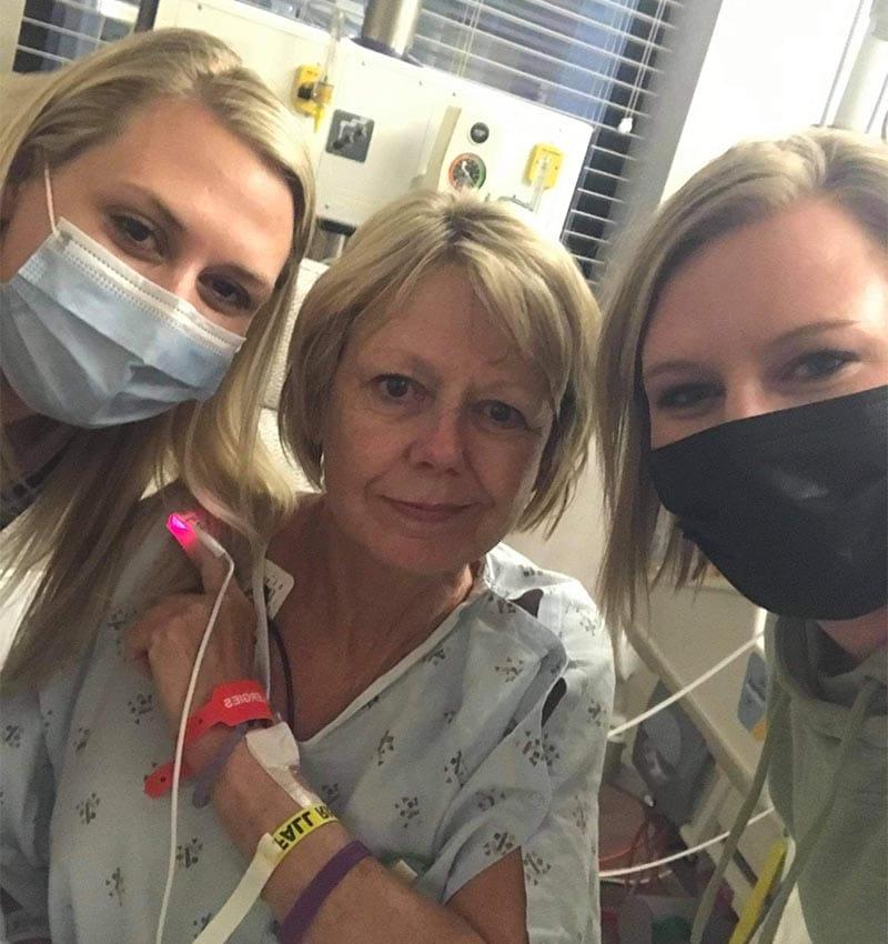 Ann Walters Tillery (center) with her daughters, Kristen Dawson (left) and Heather Wolf, while Ann was recovering in the ICU. (Photo courtesy of Ann Walters Tillery)